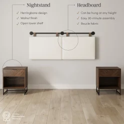 Boucle Queen Headboard and Walnut Nightstand Set