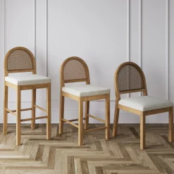 Boucle & Rattan Bar Stools Light Brown (Set of 3)