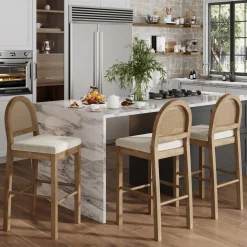 Boucle & Rattan Bar Stools Light Brown (Set of 3)