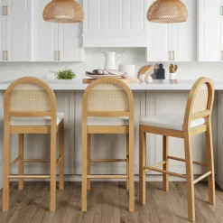 Boucle & Rattan Bar Stools Warm Pine (Set of 3)