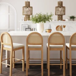Boucle & Rattan Bar Stools Warm Pine (Set of 4)