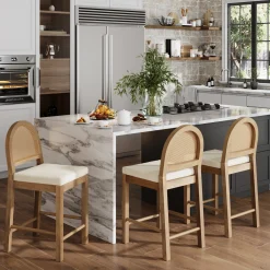 Boucle & Rattan Counter Height Bar Stools Light Brown (Set of 3)