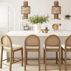 Boucle & Rattan Counter Height Bar Stools Light Brown (Set of 4)