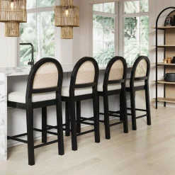 Boucle & Rattan Counter Height Bar Stools Black (Set of 4)