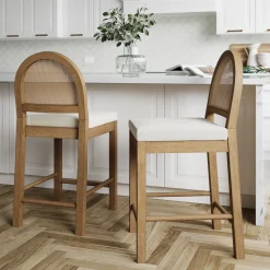 Boucle & Rattan Counter Height Bar Stools Light Brown (Set of 2)