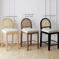 Boucle & Rattan Counter Height Bar Stools Black (Set of 2)