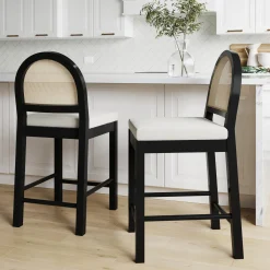 Boucle & Rattan Counter Height Bar Stools Black (Set of 2)