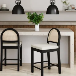 Boucle & Rattan Counter Height Bar Stools Black (Set of 2)