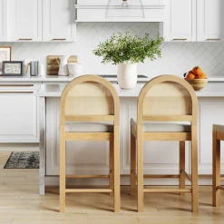 Boucle & Rattan Counter Height Bar Stools Warm Pine (Set of 2)