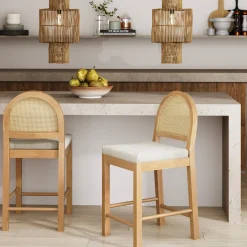 Boucle & Rattan Counter Height Bar Stools Warm Pine (Set of 2)