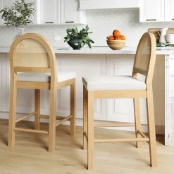 Boucle & Rattan Counter Height Bar Stools Warm Pine (Set of 2)