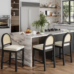 Boucle & Rattan Counter Height Bar Stools Black (Set of 3)