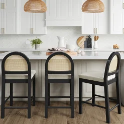 Boucle & Rattan Counter Height Bar Stools Black (Set of 3)
