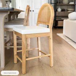 Boucle & Rattan Counter Height Bar Stools Warm Pine (Set of 3)