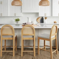 Boucle & Rattan Counter Height Bar Stools Warm Pine (Set of 3)