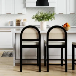 Boucle & Rattan Counter Height Bar Stool Black