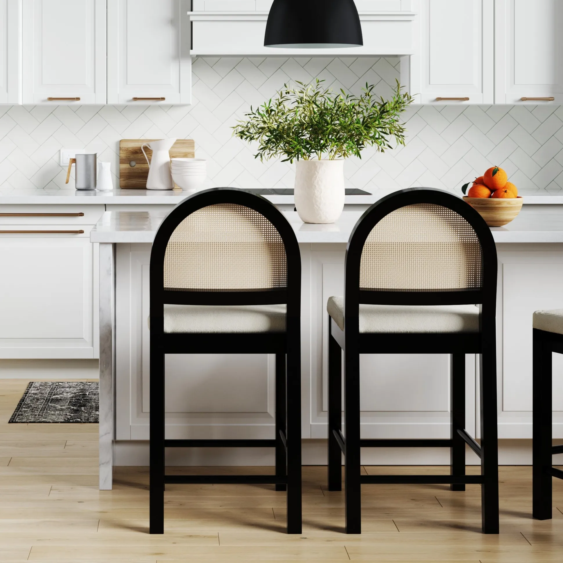 Boucle & Rattan Counter Height Bar Stool Black