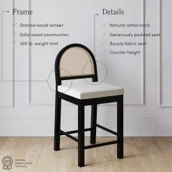 Boucle & Rattan Counter Height Bar Stool Black