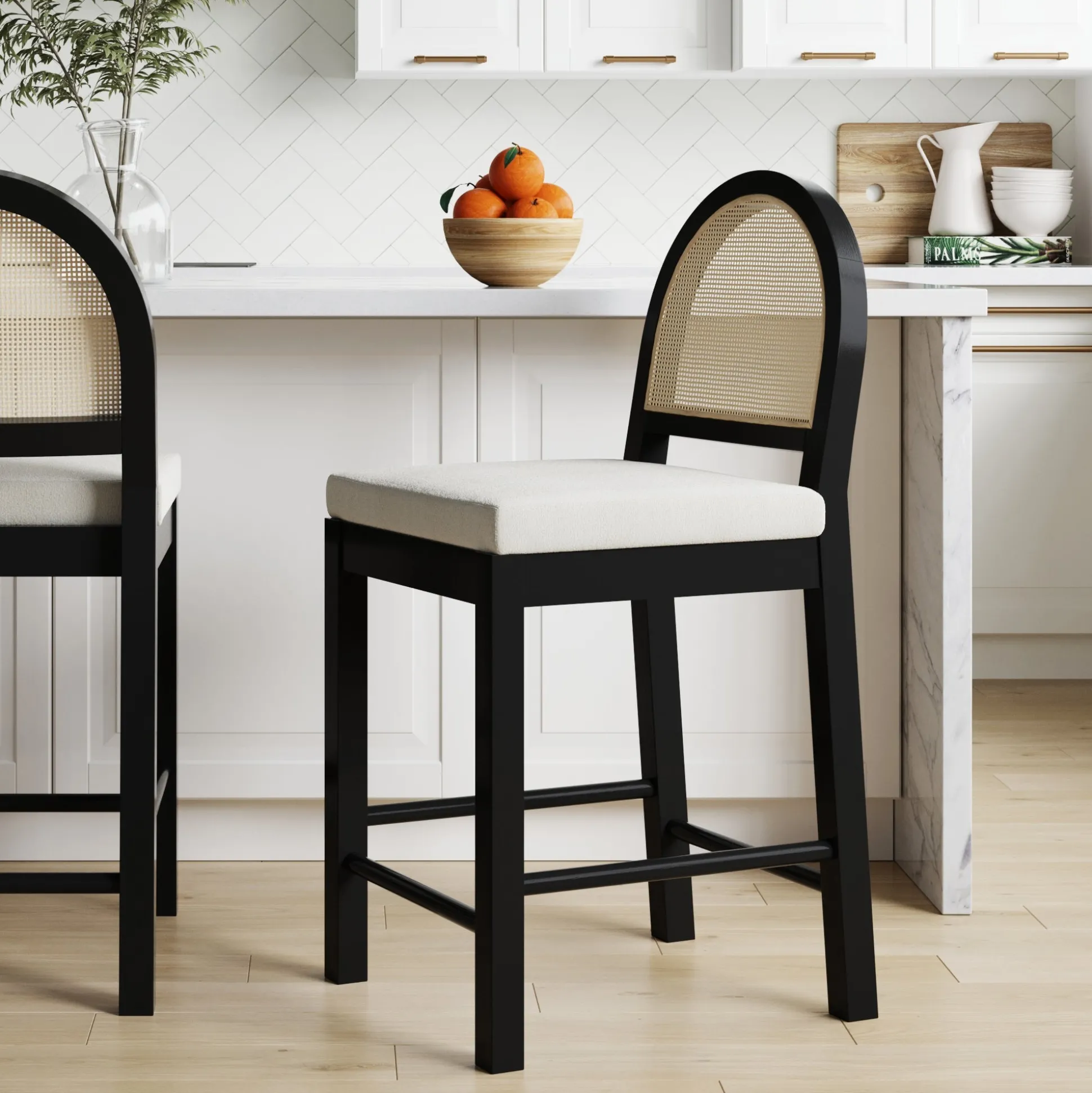 Boucle & Rattan Counter Height Bar Stool Black