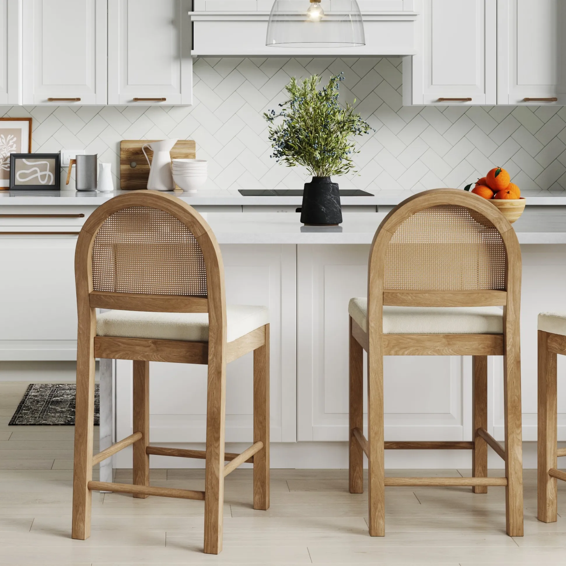 Boucle & Rattan Counter Height Bar Stool Light Brown