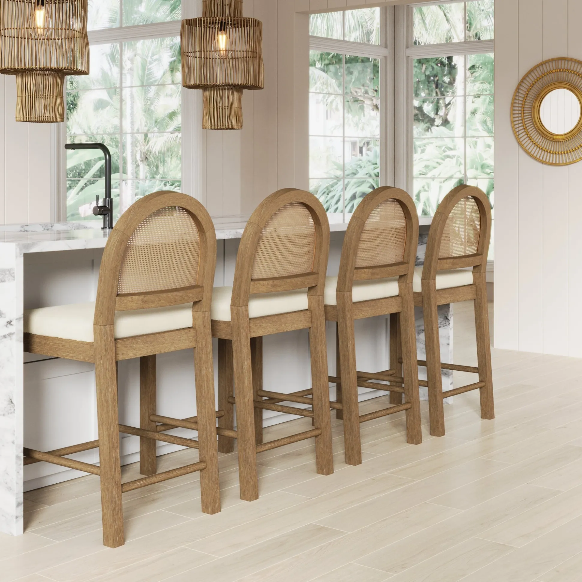 Boucle & Rattan Counter Height Bar Stool Light Brown