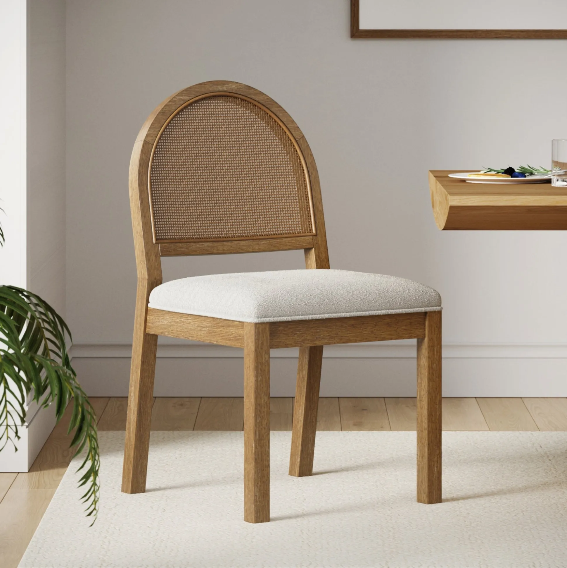 Boucle & Rattan Dining Chair Light Brown
