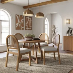 Boucle & Rattan Dining Chairs Light Brown (Set of 4)