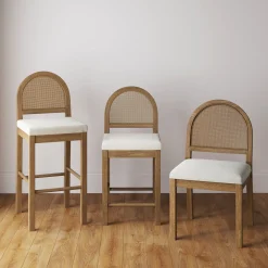 Boucle & Rattan Dining Chairs Light Brown (Set of 4)