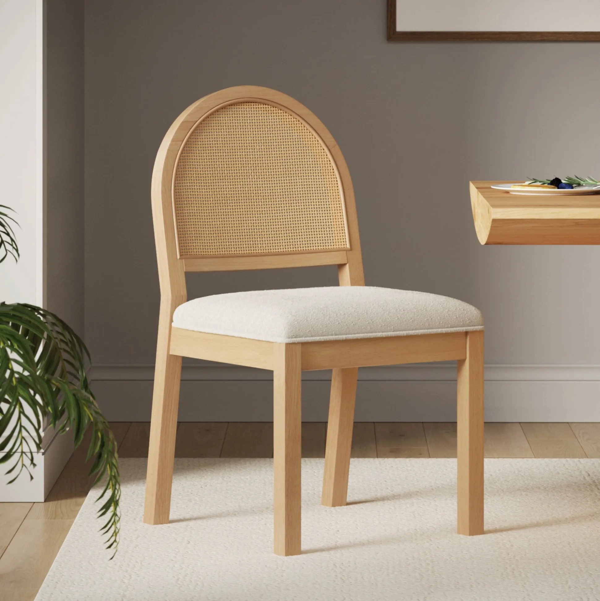Boucle & Rattan Dining Chair Warm Pine