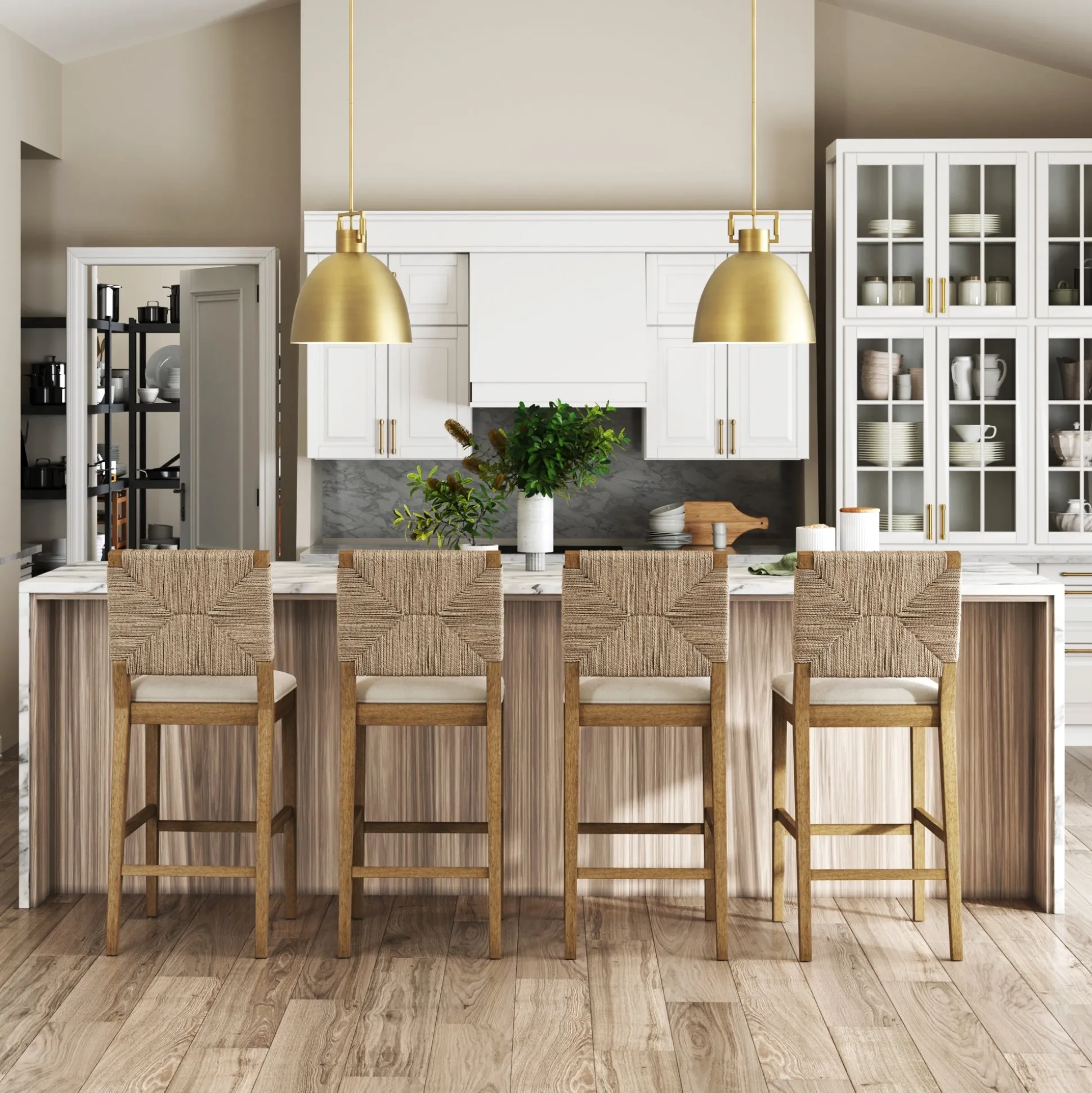 Boucle & Seagrass Bar Stool Light Brown (Set of 4)