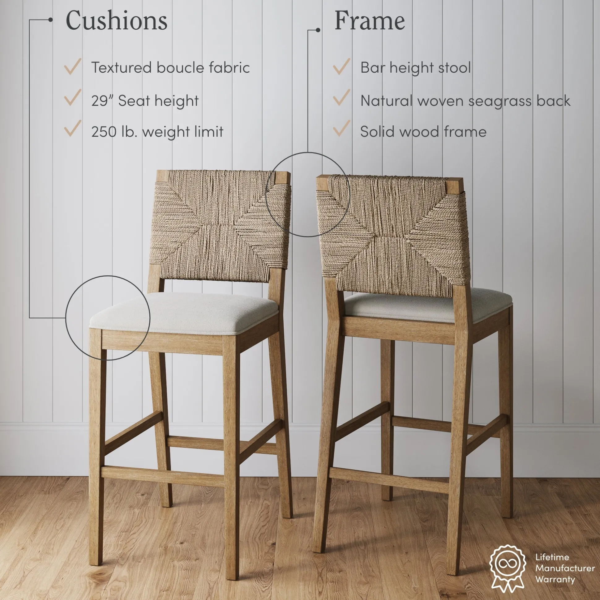 Boucle & Seagrass Bar Stool Light Brown (Set of 4)