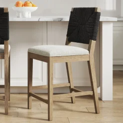 Boucle & Seagrass Boho Counter Height Bar Stool Black