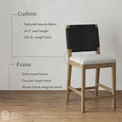 Boucle & Seagrass Boho Counter Height Bar Stool Black