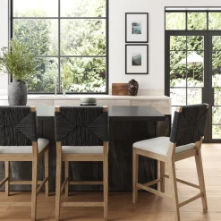 Boucle & Seagrass Counter Height Bar Stools Black (Set of 3)