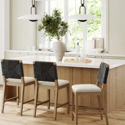 Boucle & Seagrass Counter Height Bar Stools Black (Set of 3)
