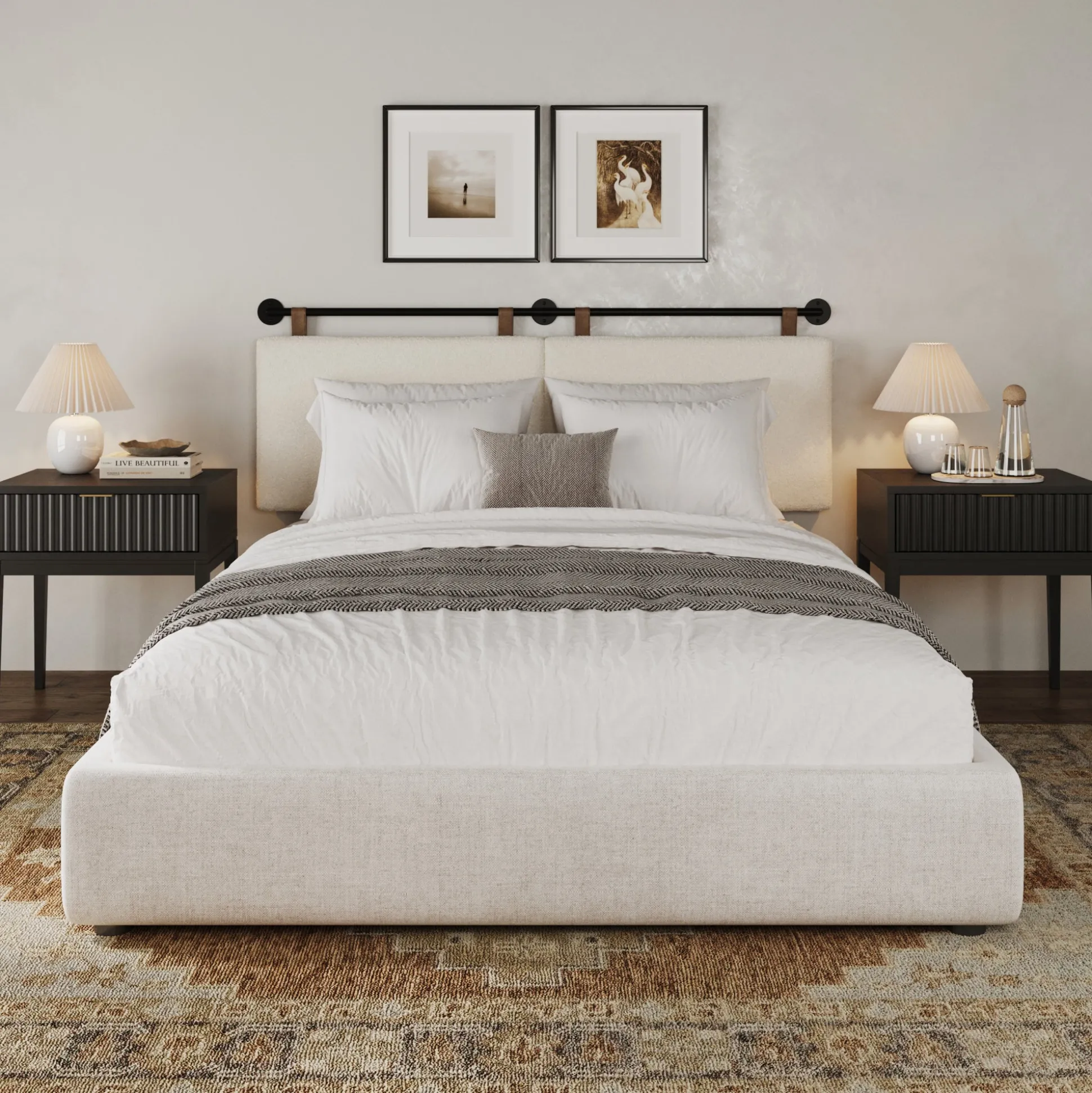 Boucle Upholstered Queen Headboard and Nightstand Set