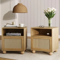 Coastal Rattan & Wood Nightstand with Storage (Set of 2)