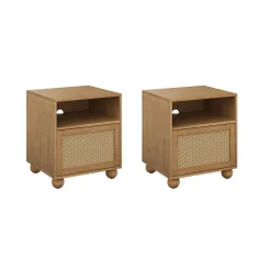 Coastal Rattan & Wood Nightstand with Storage (Set of 2)