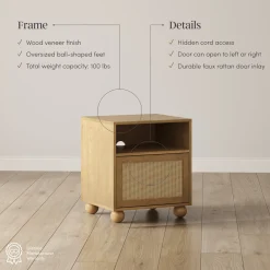 Coastal Rattan & Wood Nightstand with Storage