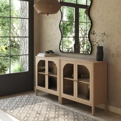 Curio Cabinet Credenza with Glass Door Raw Oak (Set of 2)