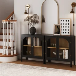 Curio Cabinet Credenza with Glass Door Black (Set of 2)