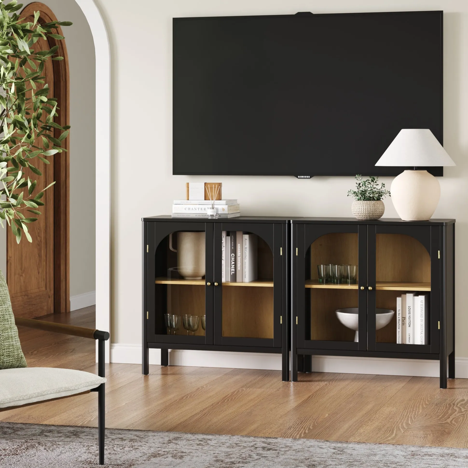 Curio Cabinet Credenza with Glass Door Black (Set of 2)