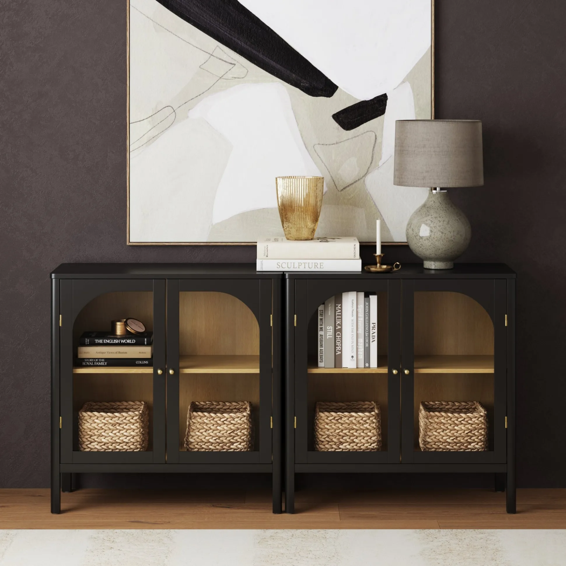 Curio Cabinet Credenza with Glass Door Black (Set of 2)