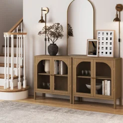 Curio Cabinet Credenza with Glass Door Brown (Set of 2)