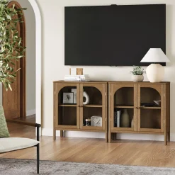 Curio Cabinet Credenza with Glass Door Brown (Set of 2)