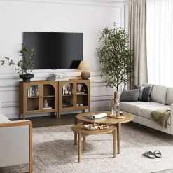 Curio Cabinet Credenza with Glass Door Brown (Set of 2)