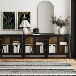 Curio Cabinet Credenza with Glass Door Black (Set of 3)