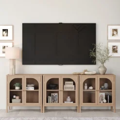 Curio Cabinet Credenza with Glass Door Raw Oak (Set of 3)