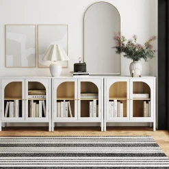 Curio Cabinet Credenza with Glass Door White (Set of 3)