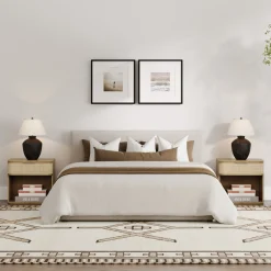 Curved Rattan Nightstand Set with Drawer Light Brown